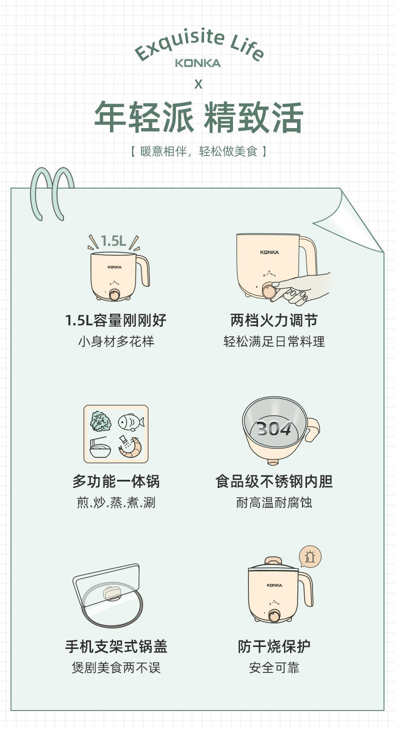 康佳电煮锅 多功能小电锅.5L迷你电火锅 KZG-15YX301