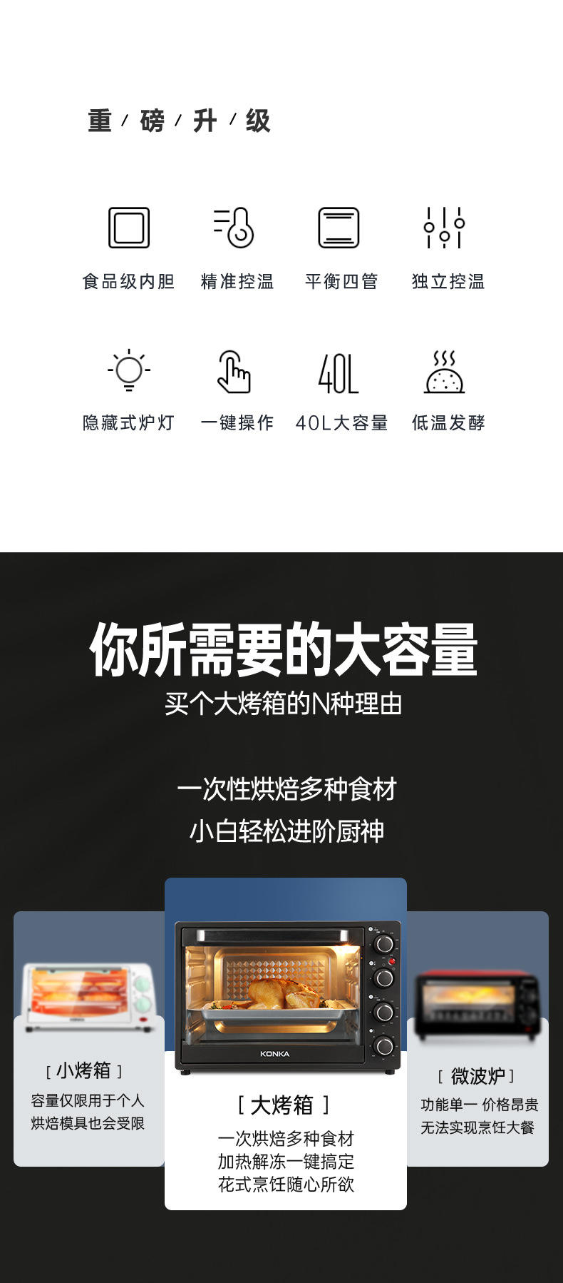 康佳电烤箱全自动多功能40L升大容量 黑色KAO-T40