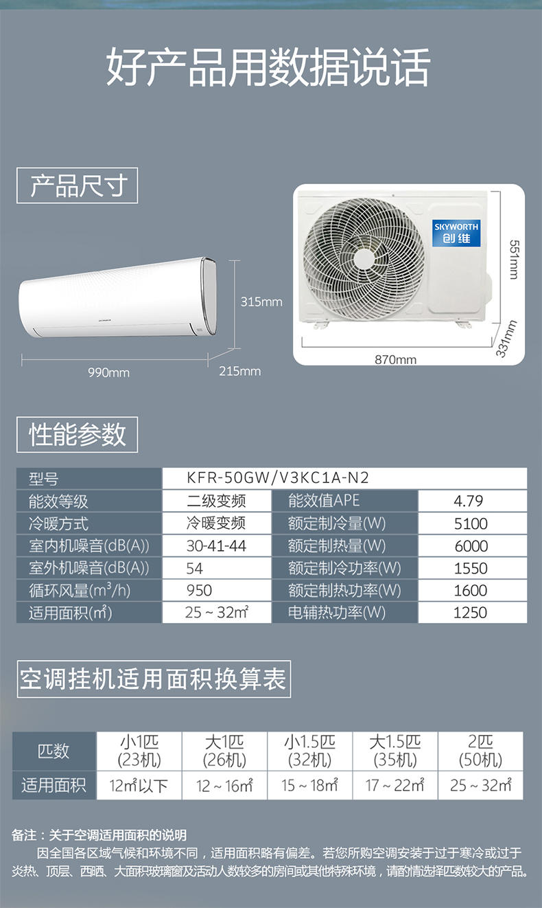 创维（Skyworth）2匹 新二级能效 变频冷暖 恒温除湿 自清洁 壁挂式卧室客厅空调挂机 挂机KFR-50GW/V3KC1A-N2（含基础安装）