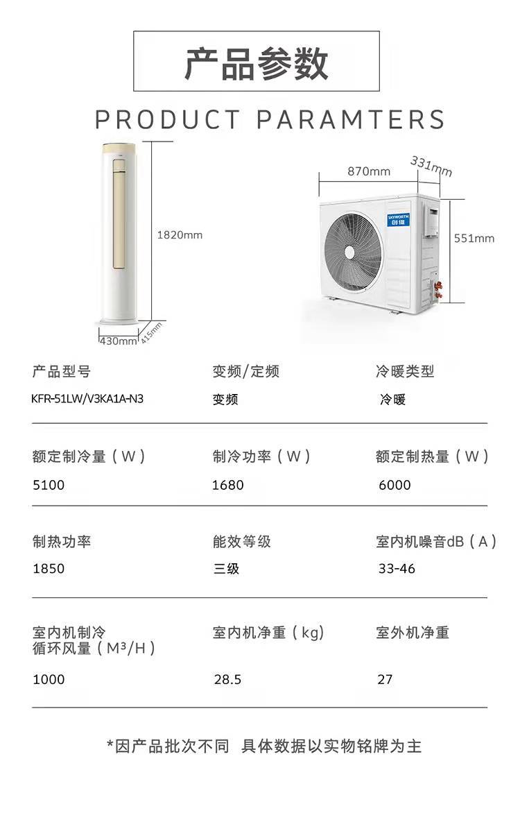 创维微风感 2匹冷暖变频空调 三级节能 抗霉自清洁 圆柱柜机 蓝驱技术KFR-51LW/V3KA1A-N3（含基础安装）