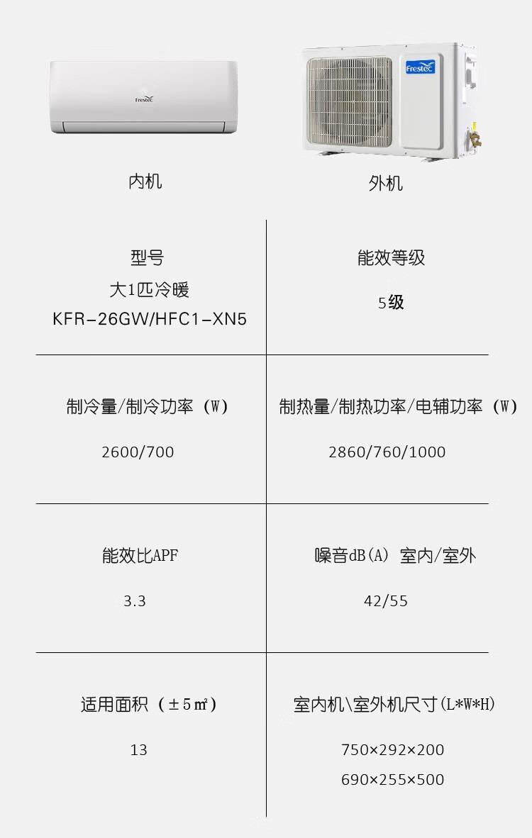 新飞（frestec）小空间 大使用 大1P定频冷暖挂机 KFR-26GW/HFC1-XN5 超高推荐