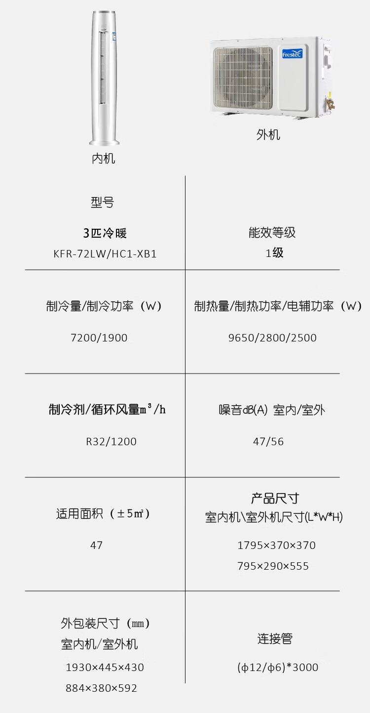 新飞（Frestec）3匹冷暖柜机空调一级能效变频家用空调节能省电立式柜机客厅冷暖两用自清洁空调 【3匹清爽风】KFR-72LW/HC1-XB1（不含安装）