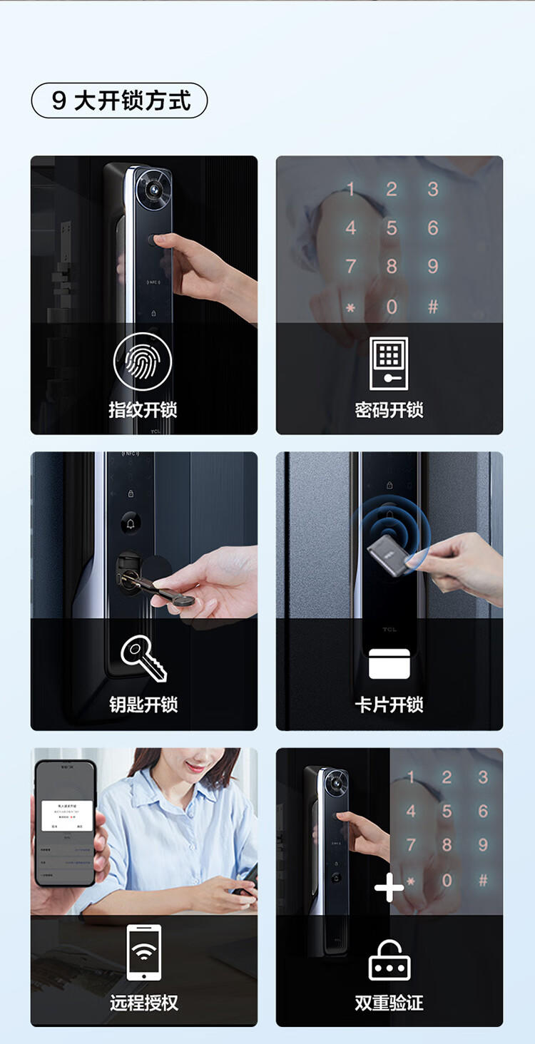 TCL指纹锁猫眼带屏幕可视远程对讲监控抓拍智能锁家用防盗门锁密码锁推拉式自动款智能门锁电子锁C10