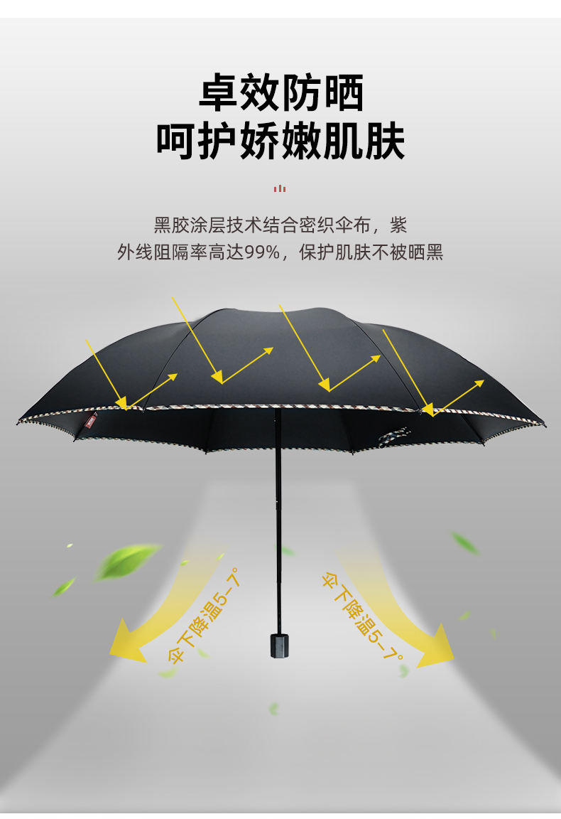 红叶三折包边黑胶伞防晒晴雨伞61CM*8K