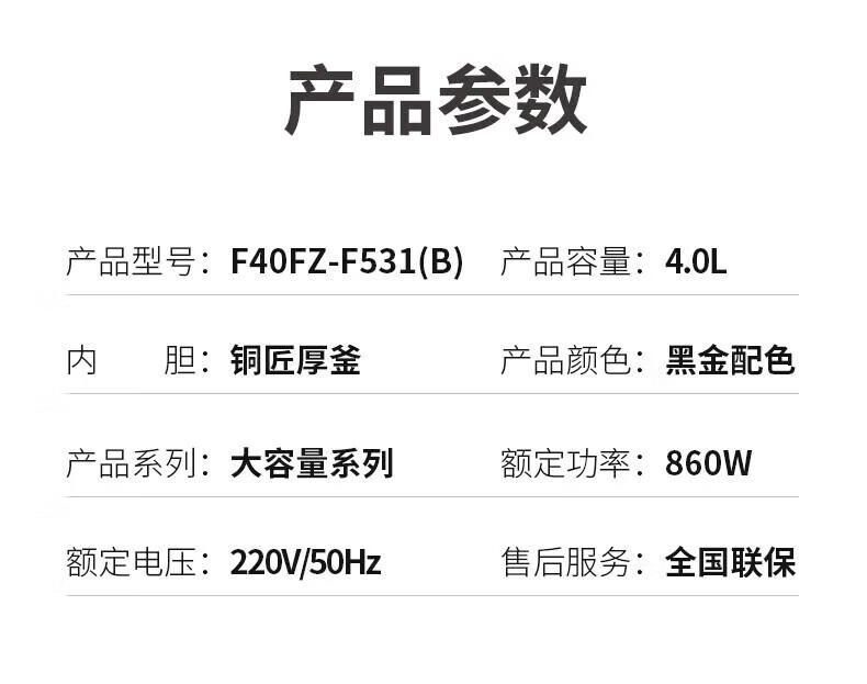 九阳（Joyoung）家用多功能大火力电饭锅4L F40FZ-F531(B)