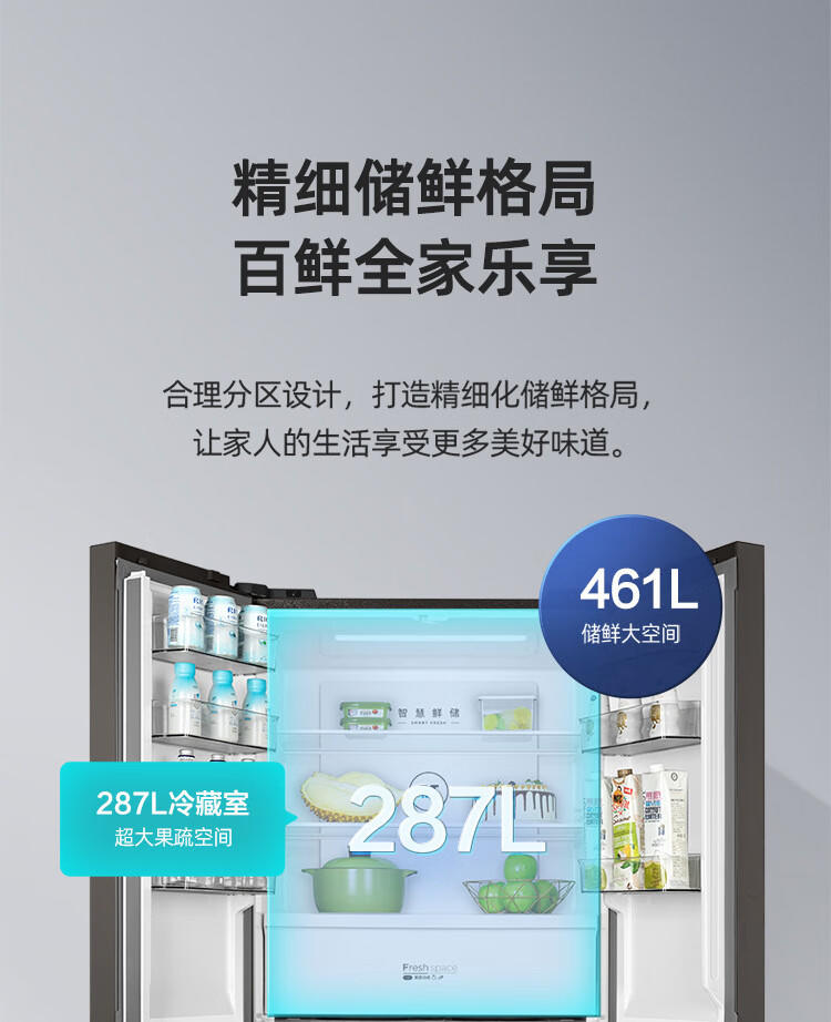 美的（Midea）461升超薄可嵌入十字对开门家用风冷无霜电冰箱BCD-461WSGPM(E) 墨兰灰隐秀