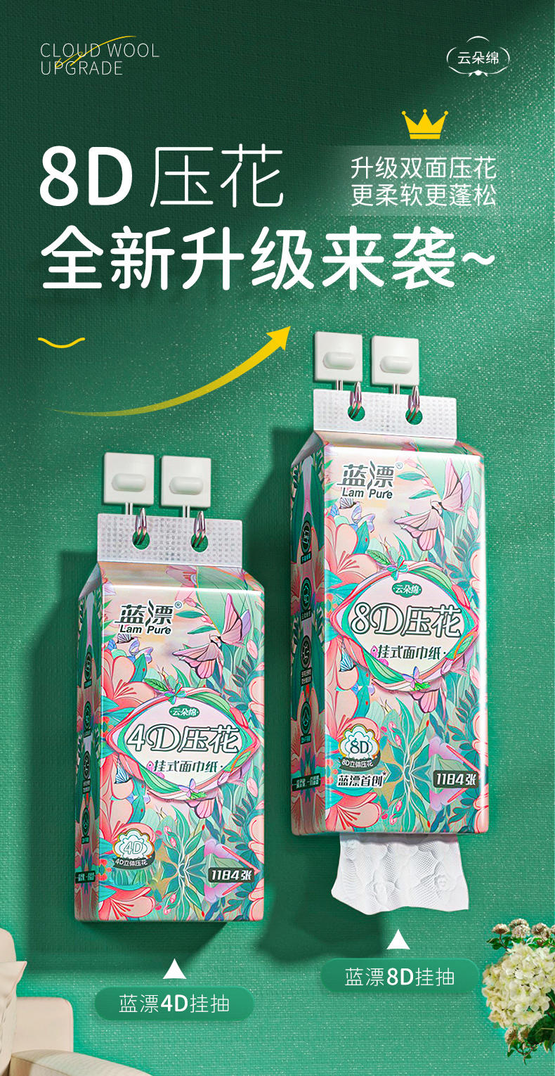 蓝漂LP-50965白色气垫挂式抽纸（8D悦色花园）