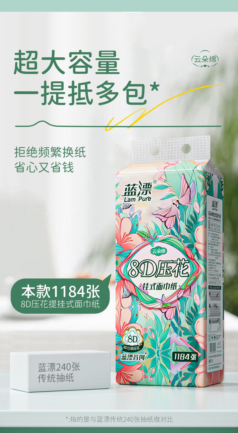 蓝漂LP-50965白色气垫挂式抽纸（8D悦色花园）