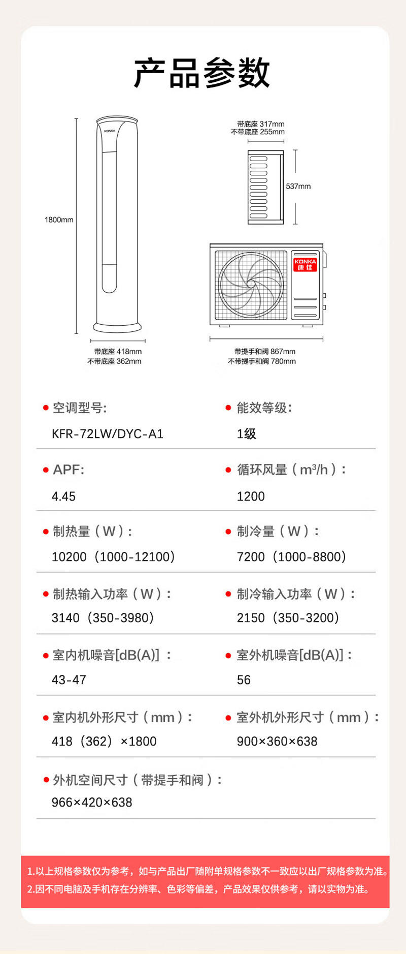 康佳新能效 变频冷暖 智能自清洁 巨省电 客厅圆柱空调立式柜机 3匹 一级能效 KFR-72LW/DYC-A1（含安装）